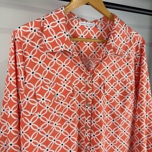 Notations Coral and White Geometric Pattern Blouse Size XL